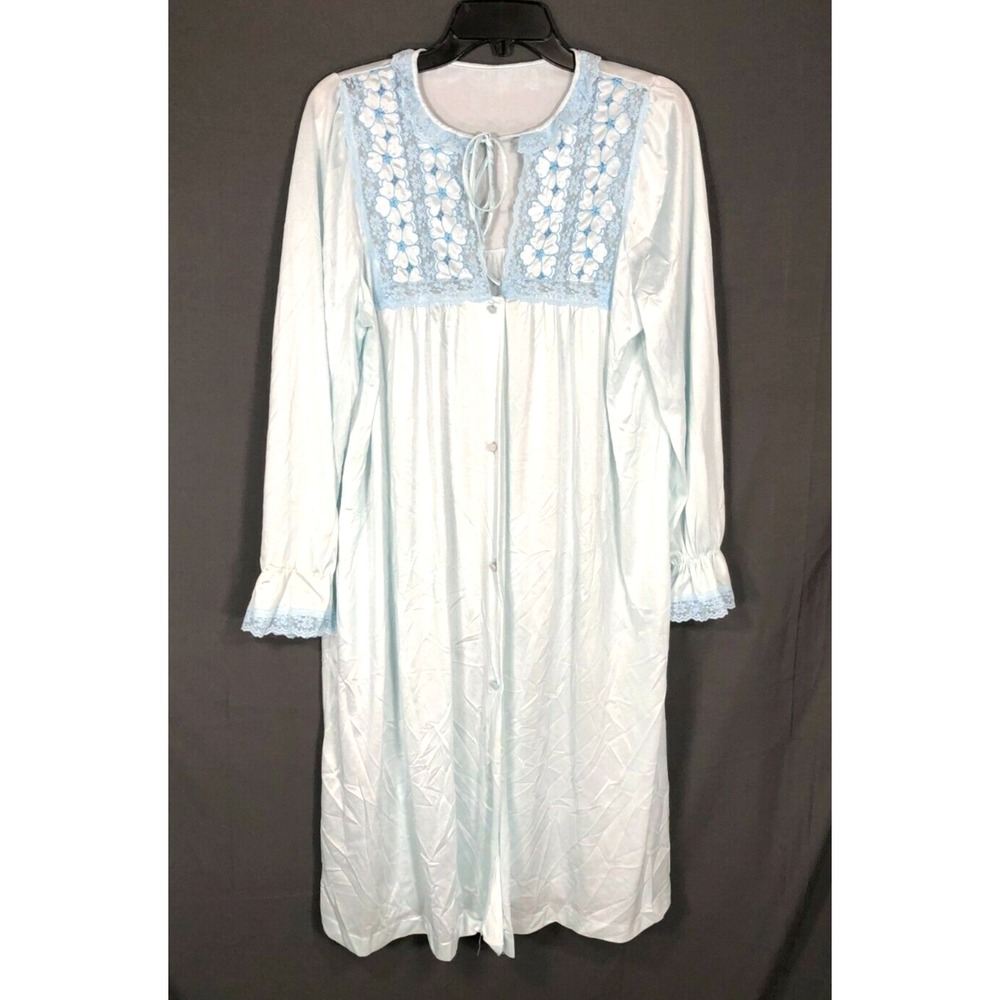 VTG GOSSARD ARTEMIS Shiny Slippery NYLON & LACE Button-Up Robe AQUA BLUE sz L